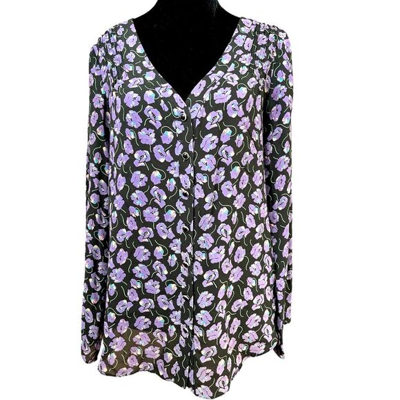 Shoshanna Silk Dark Floral Blouse Size 4 Violet Feminine Top Shirt Long Sleeve - Picture 1 of 9